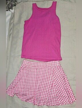Girls Size L (10/12) Children's Place Pink Tank Top & Gingham Skort Matching Set